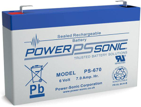 Power Sonic PS-670F1 Rechargeable Battery, 6V, 7 Ah, F1 Terminals, ABS Plastic Case, 5.95 In. Length