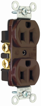 Pass & Seymour CRB5262 Duplex Straight Blade Receptacle, 125 VAC, 15 A, 2 Poles, 3 Wires, Brown