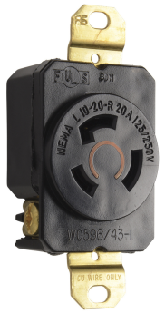Pass & Seymour Turnlok L1020-R 3-Phase Single Locking Receptacle, 125/250 VAC, 20 A, 3 Poles, 3 Wires, Black