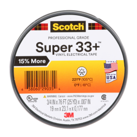 3M 33+-3/4X76FT-1 Super 33+ Black Vinyl Electrical Tape 3/4 in X 76 ft 1 in Core 100 Rolls/Case