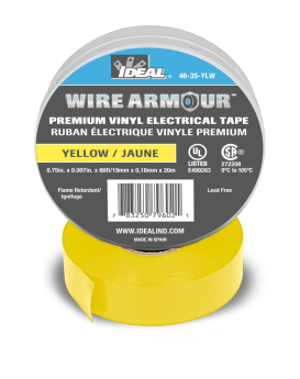 Ideal Wire Armour 46-35-YLW Color Coding Premium Professional Grade Electrical Tape, 3/4 in W x 66 ft L, 7 mil THK, Vinyl, Yellow