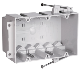 Pass & Seymour S3-54-RAC Slater Switch Outlet Box With Quick Click and Captive Mounting Nails, Thermoplastic, 54 cu-in, 3 Gangs, 3 Outlets, 3.75 in L x 2.25 in W x 2.87 in H