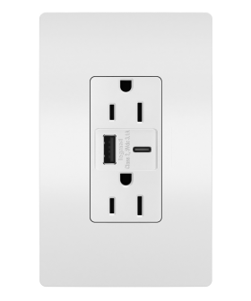 Pass & Seymour radiant R26USBACW Hybrid USB Charger With Duplex 15 A NEMA 5-15R Tamper-Resistant Receptacle, 125 VAC, 15 A, White