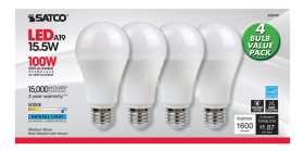 Satco S28790 A19 LED Lamp, 15.5 Watts, Medium E26 Base, A19, 1600 Lumens, Natural Light, 4 per Pack