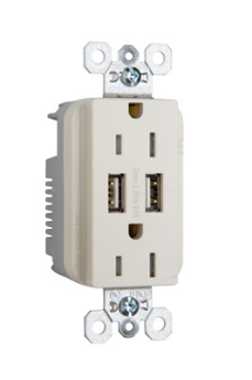 Pass & Seymour TR-5262USBLA Tamper Resistant Duplex Receptacle With USB Charger, 15 A, 125 VAC, 1 Phase, 2 Poles, 3 Wires, Light Almond