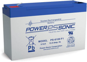 Power Sonic PS-6100F1 Rechargeable Battery, 6V, 12 Ah, F1 Terminals, ABS Plastic Case, 5.95 In. Length