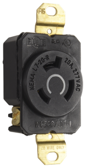 Pass & Seymour Turnlok L720-R Single Locking Receptacle, 277 VAC, 20 A, 2 Poles, 3 Wires, Black