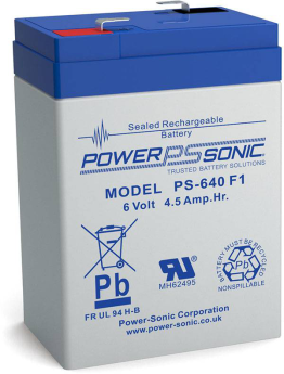 Power Sonic PS-640F1 Rechargeable Battery, 6V, 4.50 Ah, F1 Terminals, ABS Plastic Case, 2.76 In. Length