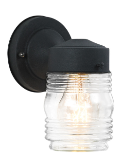 Seagull 8550-12 One Light Outdoor Wall Lantern, 4.5 x 7.5 In., Steel with Black Finish, Clear Ribbed Glass Diffuser